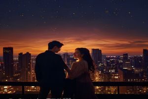 现代都市爱情剧男女主角城市夜景背景，温馨浪漫氛围，黄瓜影院免费在线观看